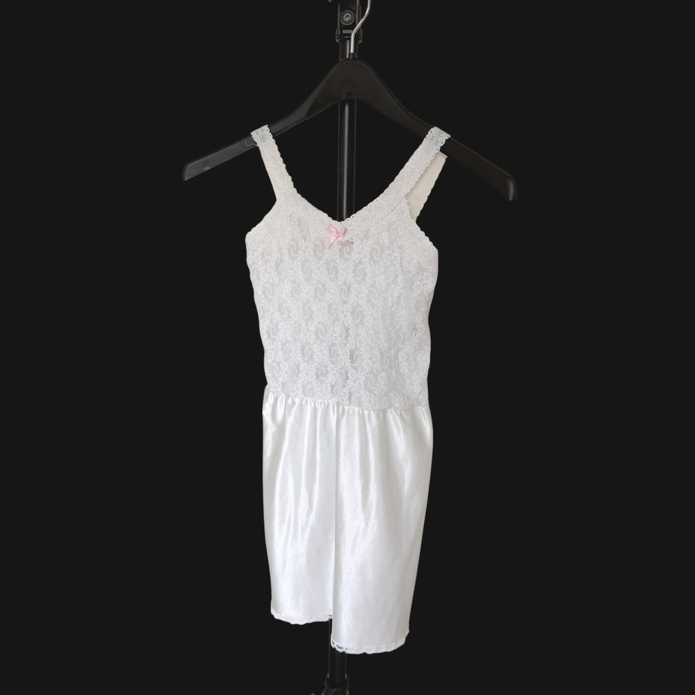 Coquette Girl White Lace‎ Satin Chemise Slip Dress Pink Bow Accent Sz XS